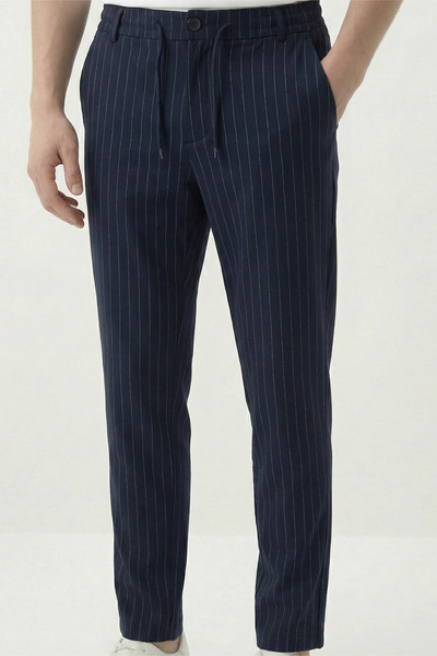 Veleno Men's Navy Blue Jogger Pants with Woven Stripes, Buttoned Front Placke...