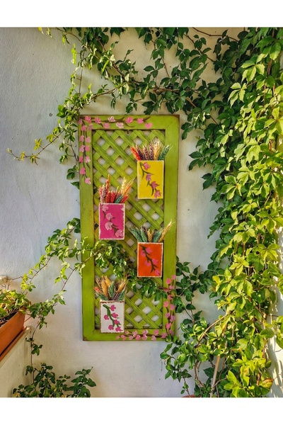 buraxe Yeşil, ahşap,saksılı seperatör,balkon duvar panosu,ÇİÇEKLER HARİÇTİR
