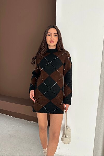 Noi Belis Plaid Patterned Mini Length High Neck Knitwear Dress Aw25El0030