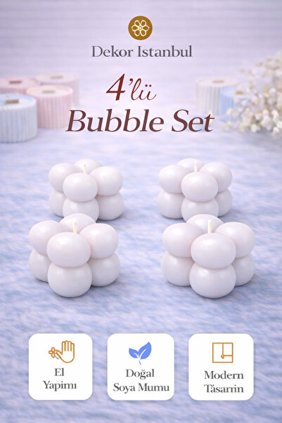 Dekor İstanbul Bubble Mum 4’lü Set Beyaz | El Yapımı Doğal Soya Mumu | Dekora...