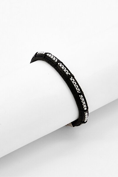 Steeltime Men Braided Leather Inlay Box Chain Bracelet, Black