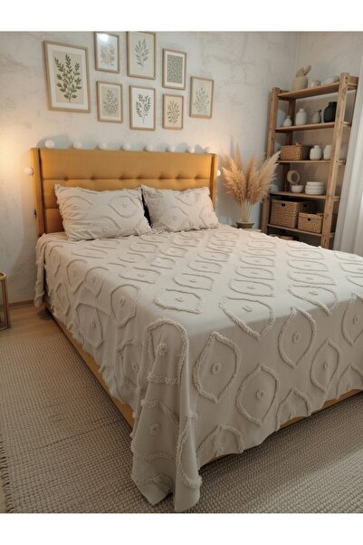 settare 🛏️ Bohem Dokulu Yatak Örtüsü & Yastık Kılıfı Seti – Krem