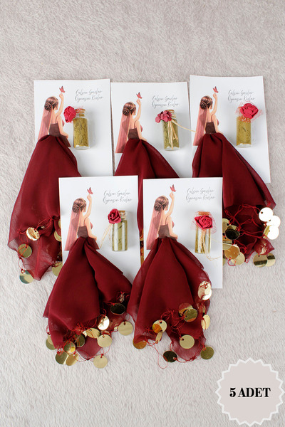 Mortex Bordo Gold Şifon Kartlı Tüp Kınalı 5 Adet Hediyelik Halay Mendili, Düğ...