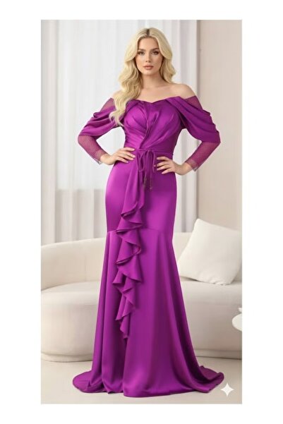 FULLJOY Luxurious long women's evening dress in silk satin with an off-the-sh...