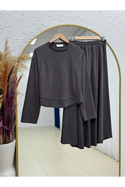 MİHRA STORE Darinka Front Gazi Stitched Pique Skirt Set-Nl673 Brown