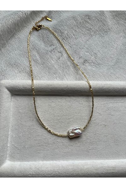 Pel Design Real Rectangular Pearl Gold Beads Necklace Handmade
