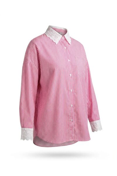 Suem Butik Bebe Yaka Kolları Dantelli Çizgili Oversize Gömlek