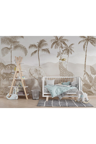 Grown Bej Fil ve Zürafa Tropik Çocuk Odası Duvar Kağıdı