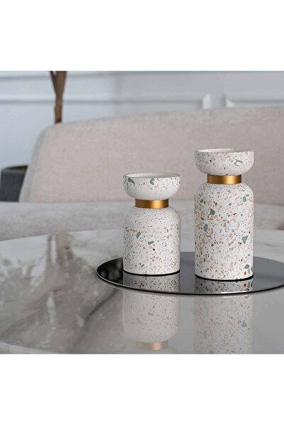 Lui Tasarım 2 li Dekoratif Gold Detaylı Şamdan Mumluk Seramik Desenli Gold 18 cm 14 cm