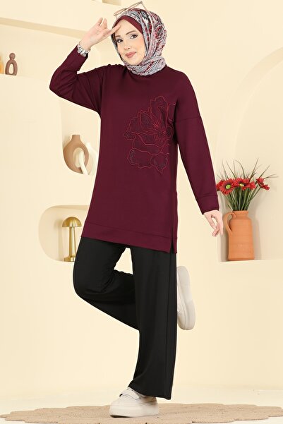 ModaMerve Çiçek Desen İki İp Takım 3999UZ662-MS Bordo&Siyah