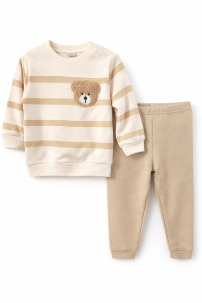 nikuby Striped Teddy Bear Patterned Baby Top and Bottom Set