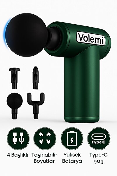VOLEMİ Yeşil 6 Hız Kademeli 4 Başlıklı Masaj Tabancası Masaj Aleti Şarjlı Tit...