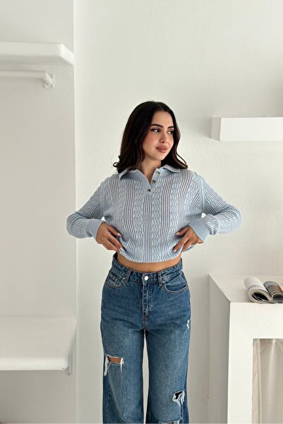 Noi Belis Polo Collar Perforated Half Placket Buttoned Knitwear Blouse Aw25Bz...