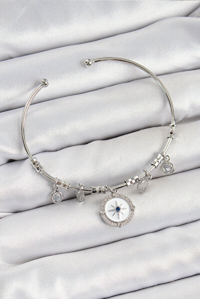 Skygo سوار من النحاس والزركون موديل بوصلة فضية اللون - TJ-BB7349
