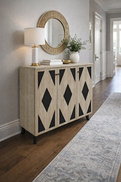 MARIA HOMES خزانة أحذية عصرية بثلاثة أبواب، خشب بيج، بنمط ماسي أسود، منظم مدخ...