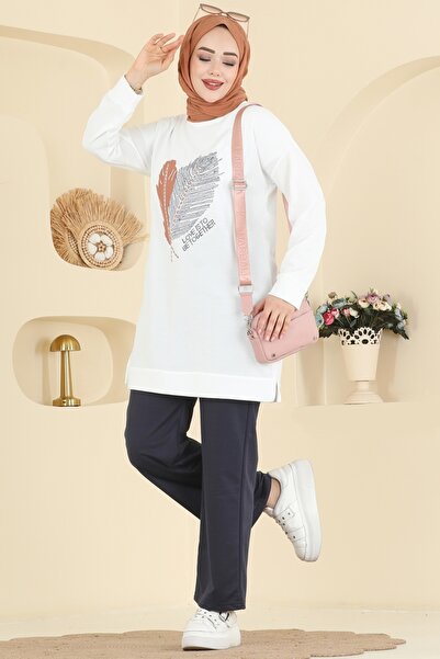 ModaMerve Baskı Detaylı İki İplik Takım 8040UZ662-MS Ekru&Laci