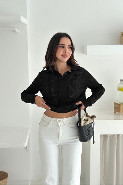 Noi Belis Polo Collar Perforated Half Placket Buttoned Knitwear Blouse Aw25Bz...