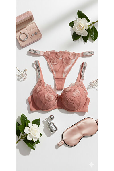 tılsım Çiçekli taşlı askılı sütyen takımı