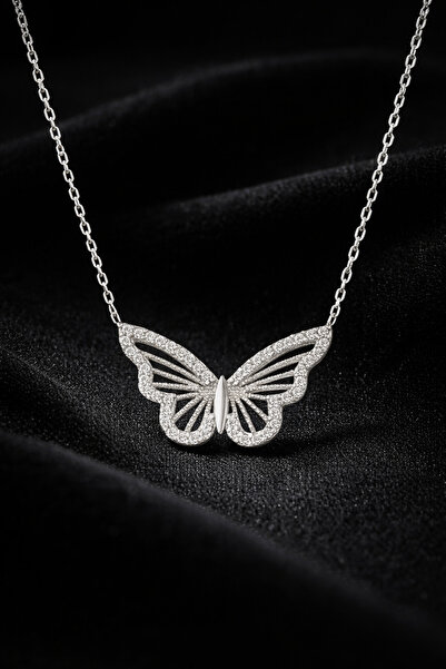 Home قلادة على شكل فراشة مرصعة بحجر الزركون فضي اللون من الفولاذ المقاوم للصد...