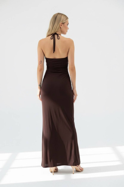 DIANNA Women's Brown Long Dress with Collar and Moon Accessories