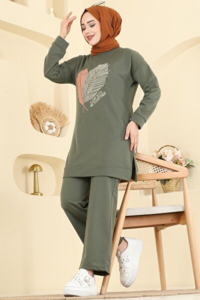 ModaMerve Baskı Detaylı İki İplik Takım 8040UZ662-MS Haki