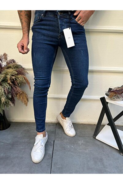 MODAMESTO Men's Navy Blue Laser Slim Fit Lycra Jean Trousers