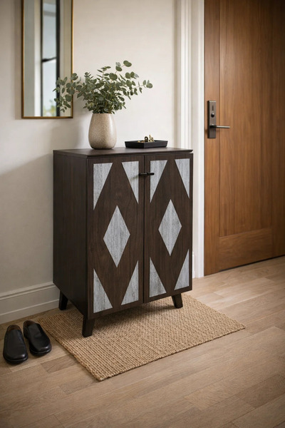 MARIA HOMES Modern Geometric Pattern Shoe Cabinet Dark Brown Wood Storage Uni...
