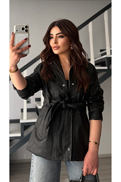 Oslove Black Belted Faux Leather Jacket