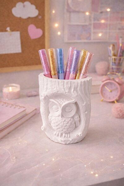 LİZA HOME DECORATION Baykuş Kabartmalı Dekoratif Kalemlik / Fırçalık / El yap...