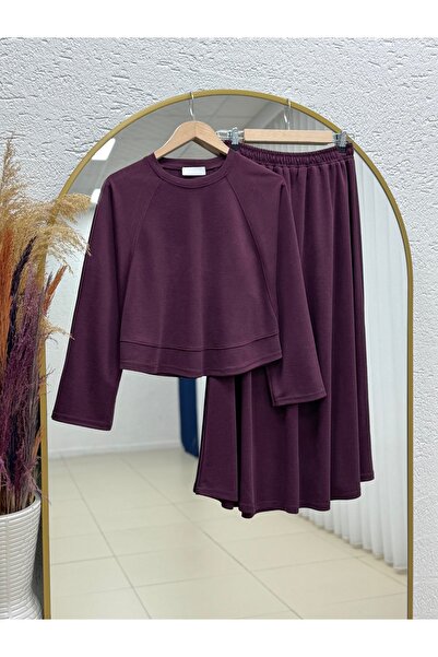 MİHRA STORE Darinka Front Gazi Stitched Pique Skirt Set-Nl673 Plum
