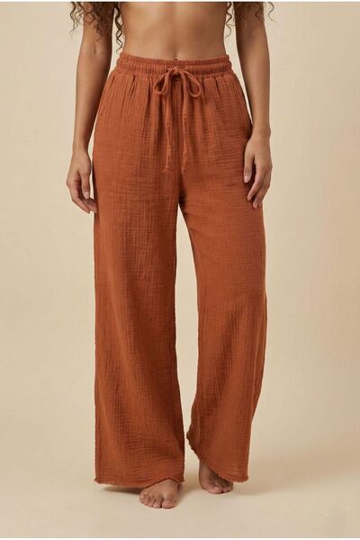 madam trend Tile Pattern 100% Cotton Muslin Pants - Elastic Lace-Up Waist, Lo...