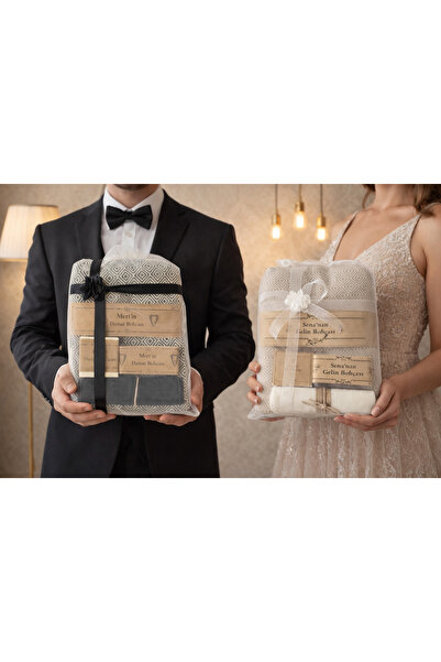 Bursa Home Kişiselleştirilebilir Gelin & Damat Hamam Seti – Peştemal, Kese, S...