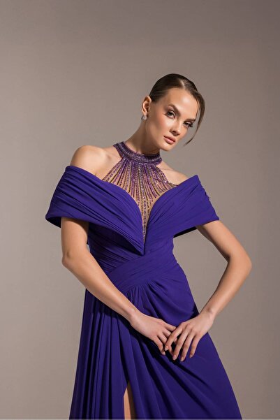Kenzel Stone Detailed Draped Slit Off-Shoulder Evening Dress