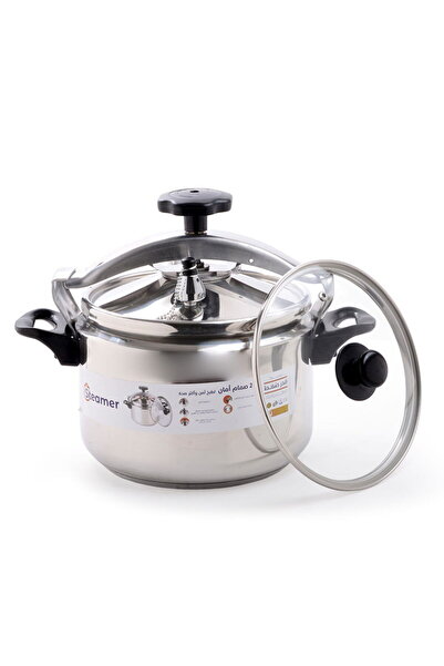 STEAMER Steel pressure cooker, 9 liters, with a mesh grille and a glass lid