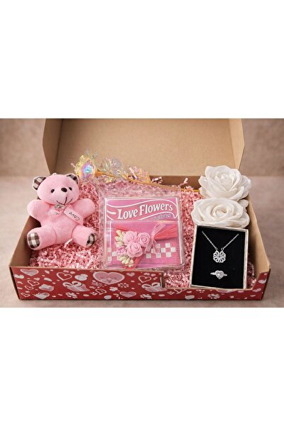 Sepetten Eve Hediye Kutusu Mini Buket Hot Flowers Ayıcık Sonsuzluk Gülü Yonca...