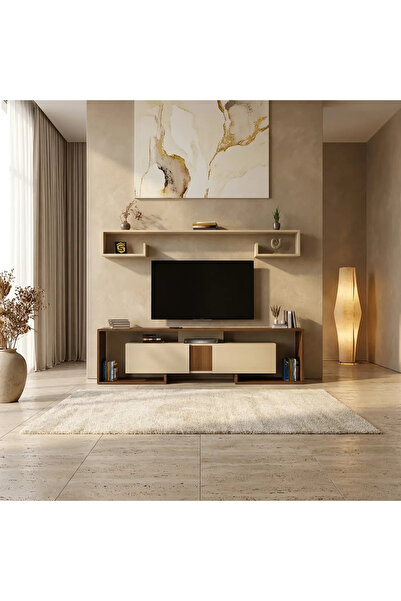 Stylish Home Brown and beige TV stand with wall shelf - TV34