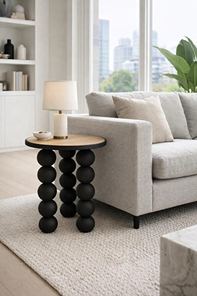 MARIA HOMES Modern Round Side Table Black Sphere Base Wood Top Stylish Accent...