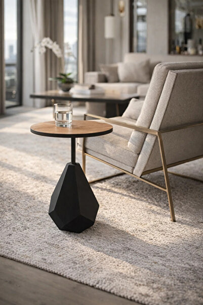 MARIA HOMES Modern Round Side Table Wood Top Black Geometric Base Living Room...