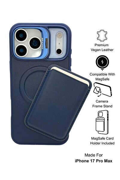 Paladyum Case iPhone 17 Pro Max Uyumlu Premium Lacivert Deri Magsafe Cüzdanlı...