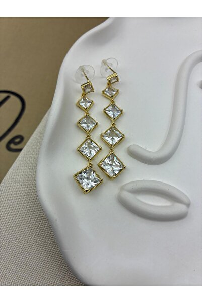 Hedef Bijuteri Gold Color Dangle Square Baguette Zircon Stone Dangle Earrings