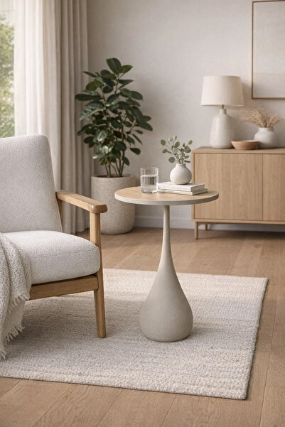 MARIA HOMES Modern Beige Side Table with Wooden Top Round Coffee Table for Li...