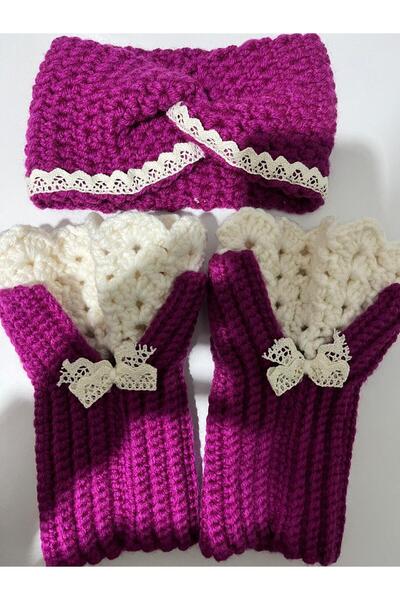 HobiDünyasıElif Vintage El Örgüsü Parmaksız Eldiven ve Bandana Seti - El Emeğ...