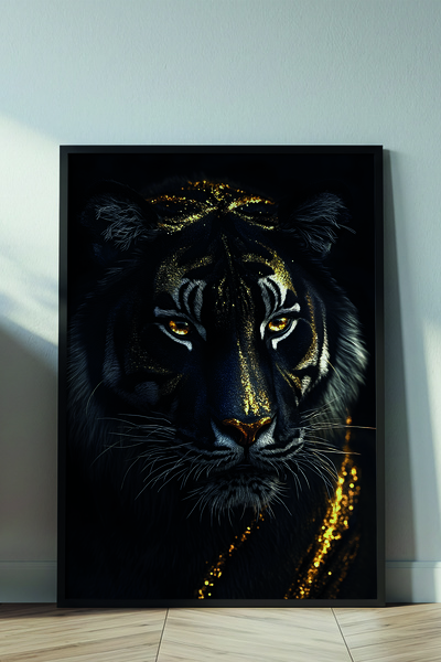 VERONİCA LİNE Vahşi Asalet Altın Dokulu Kaplan Tablo – Siyah Fon Modern Duvar...
