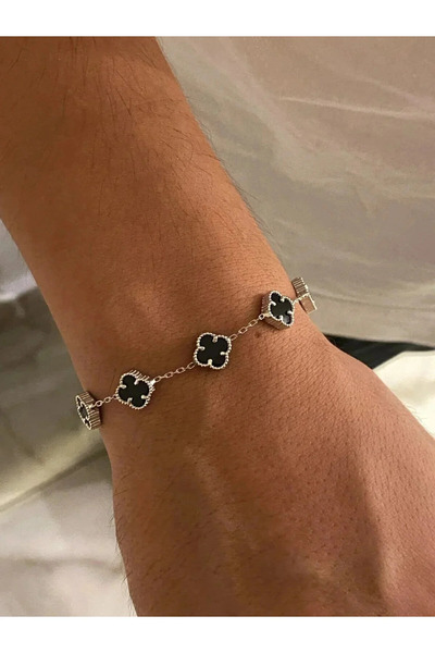 vogutima Men's and Women's Steel Bracelet - 4-Leaf Black Onyx Clover Model in...