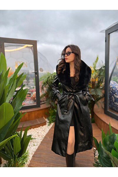 Sevvaltekinboutique Kürklü, kürkü çıkarılabilir deri trençkot