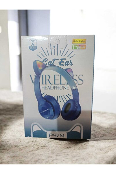 Cat ear سماعات رأس لاسلكية طراز P47M على شكل أذن قطة.لون ازرق