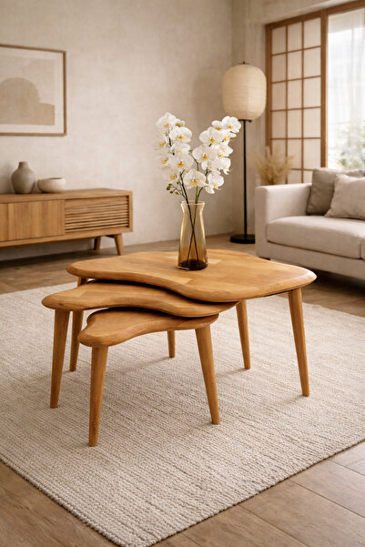 MadamWood Masif Meşe Zigon Sehpa – Japandi Tasarım El Yapımı Orta Sehpa Seti