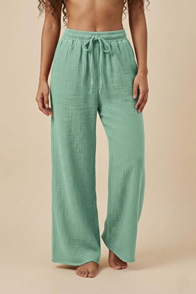 madam trend Mint Green 100% Cotton Muslin Trousers - Elastic Lace-Up Waist, L...