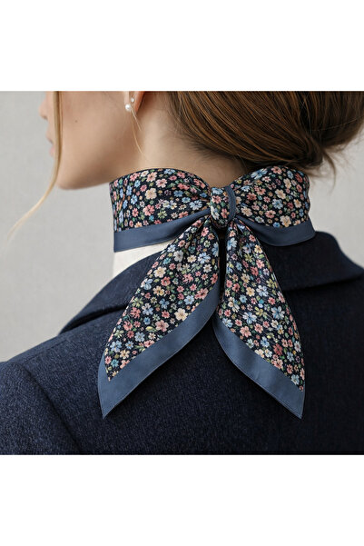MOORİ Çiçek Desenli Saten Fular 70x70 cm Şık Kadın Bandana Fular