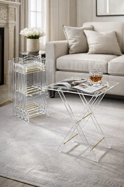 MARIA HOMES Luxury Clear Acrylic Folding TV Tray Table Set of 4 with Gold Met...